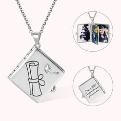 [GRADUATION ALBUM NECKLACE]: This necklace is a perfect way to commemorate your graduation or gift to a student who is about to graduate. You can customize this necklace with up to four of your favorite graduation photos, making it a unique and personal item. This necklace allows you to record the beautiful photos of your graduation day, keeping them close to your heart forever.
[PERSONALIZED NECKLACE]: You can also customize the text on the back of the pendant to make it even more special.
[PER Adjustable Jewelry For Graduation Gifts, Personalized Silver Necklace For Graduation, Personalized Silver Necklace For Graduation Gift, Silver Jewelry For Graduation And Mother's Day, Personalized Jewelry For Graduation And Mother's Day, Graduation Souvenirs, Graduation Album, Necklace Photo, Necklace Length Guide