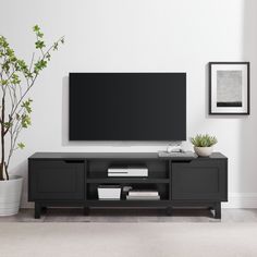 a flat screen tv sitting on top of a black entertainment center next to a potted plant