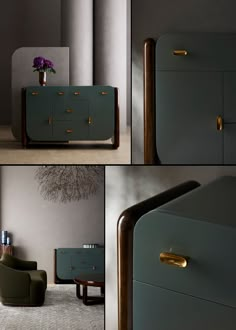 four different shots of furniture with gold handles and knobs, including a green cabinet