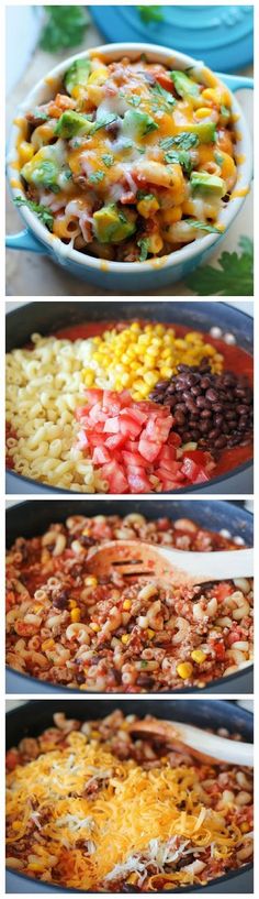 four different types of mexican food in pans