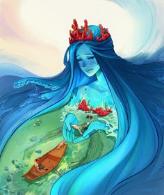 a woman with blue hair and a crown on her head is sitting in the water