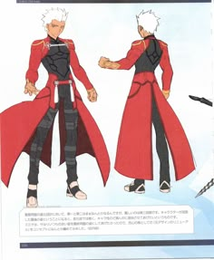 a paper model of an anime character in red coat and black pants, with one hand on his hip