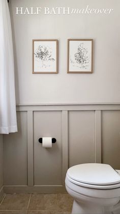 a white toilet sitting in a bathroom next to two pictures on the wall above it