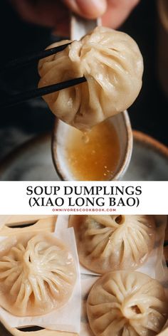 soup dumplings being served in small bowls with chopsticks over the top and below