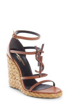 Saint Laurent Cassandra YSL Logo Raffia Wedge Sandal (Women) | Nordstrom Designer Wedges, Ysl Heels, Ysl Logo, Girly Shoes, Wedge Heel Sandals, Casual Heels, Fabulous Shoes, Footwear Design Women, Handbag Shoes