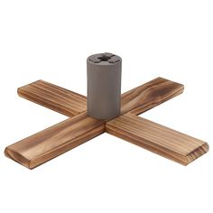 the wooden cross is made out of wood and has two metal cylinders on each side