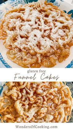 two different views of funnel cakes with powdered sugar on top and then covered in icing