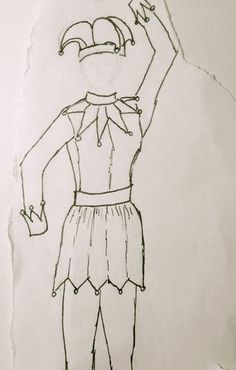 a drawing of a person wearing a dress and holding up a hand with one finger