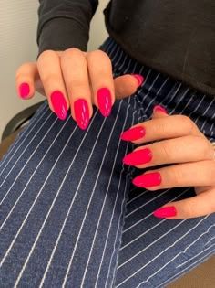 Hot Pink Almond Nails, Hot Pink Almond, Pink Almond Nails, Clean Makeup Look, Confetti Tour, Hot Pink Nails, Almond Acrylic Nails, Soft Nails, Shellac Nails