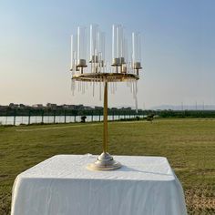 a table topped with a metal candelabra on top of a lush green field