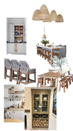 a collage of photos with chairs, table and shelves in it's center