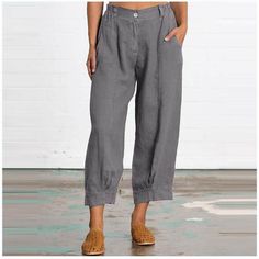 women new summer plain cotton and linen loose casual cropped pants - ootdmw.com Fashion Trousers Women, Plus Size Streetwear, Celana Fashion, Cotton Linen Pants, Cropped Linen Pants, Solid Color Pants, Trouser Style, Pocket Leggings