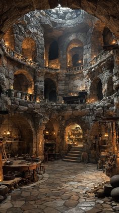 the inside of an old building with stone walls