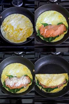 three pans filled with food on top of a stove