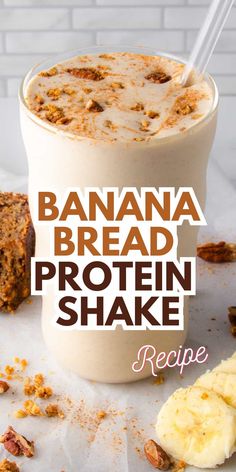 31g protein in this easy banana bread protein shake! All the flavor of banana bread in a high protein smoothie. Perfect high protein breakfast or snack! Easy Protein Snacks, Easy Protein Shakes, Protein Snacks Recipes, Healthy Protein Breakfast, Banana Protein Shake, Protein Shake Recipe, Protein Powder Smoothie, Best Overnight Oats Recipe