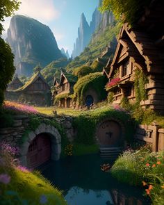 an image of a fantasy village in the middle of mountains with flowers growing all over it