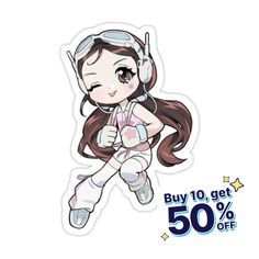 a girl with headphones on and the words buy 10 get 50 % off in front of her