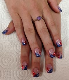 Gel Nails With Colored Tips, Red White And Blue French Nail Tips, Memorial Day French Tip Nails, French 4th Of July Nails, 4th Of July French Nails, Red White And Blue Nail Ideas, Memorial Day Gel Nail Designs, Red White And Blue Nail Tips, Patriotic French Tip Nails