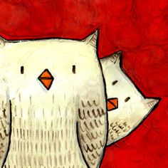 two white owls with orange beaks are sitting together on a red background and one is looking at the viewer