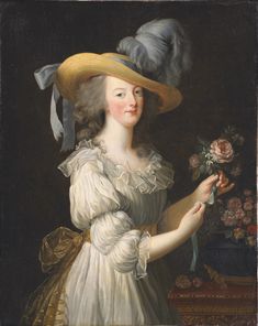 a painting of a woman with a flower in her hand and a hat on her head