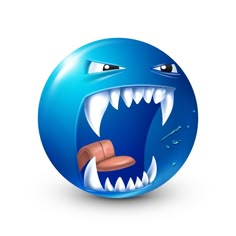 an angry blue ball with its mouth open