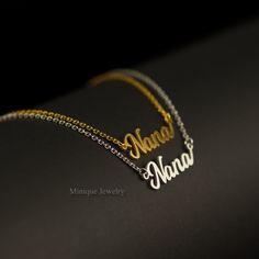 "Material: Solid Sterling Silver (925). This elegant and high-end Nana necklace with a high-polished finish comes in Silver or 18K Gold Plated.  Please pick the finishing, 18K Gold or Rhodium Plating. Dimensions:  Height: Capital letters 8 mm, lowercase letters 3 mm.  Width changes depending on the number of letters in your name. * Finish: 18K Gold Plated or Rhodium-plated Sterling Silver.  * All our personalized jewelry is custom-made by hand in our workshop. How to order: * The length option i Classic Gold Necklace For Mom's Gift, Classic Gold Necklace For Mom, Classic Necklace For Mother's Day Gift, Elegant Silver Custom Necklace For Mom, Elegant Nameplate Charm Necklace For Mom, Elegant Gold Custom Necklace As Gift For Mom, Elegant Gold Custom Necklace For Mom, Elegant Gold Necklace For Mom, Nana Necklace