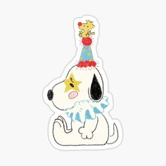 a sticker with a dog wearing a party hat and stars on it's head