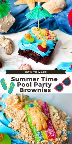 a close up of a piece of cake on a plate with the words how to make summer time pool party brownies