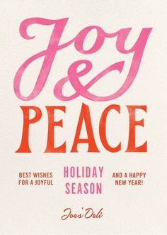 a holiday card with the words joy and peace in red ink on white cardstock