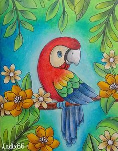 a painting of a colorful parrot sitting on a branch with yellow flowers and green leaves