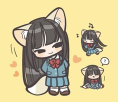 an anime character with long black hair and cat ears