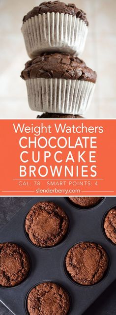 chocolate cupcakes stacked on top of each other in a muffin pan with text overlay