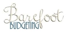 barefoot budgeting logo with the words barefoot budgeting written in white and blue ink