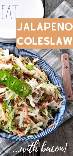 a blue plate topped with coleslaw and green peppers