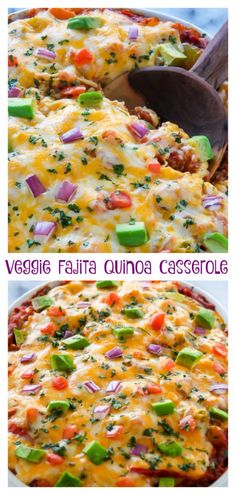 a casserole with vegetables and cheese on top is shown in two different pictures