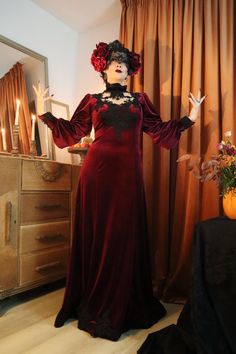 Victorian-inspired burgundy dress with black lace appliqué. It is made of stretchy velvet and is perfect for a gothic wedding, vampire, or witch cosplay. Suitable for size 10 UK,  S EU, 8 USA. Measure:  bust:    90-95 cm  waist:  72-77cm   hips:     98- 105 cm  height: 160-168 cm You can place your order through the Instagram page @leeryvox and enjoy a 10% discount! **Color Accuracy Notice   Please be aware that due to differences in monitor resolution, lighting, photo processing software, and o Vampire Dress, Burgundy Velvet Dress, Witch Cosplay, Lighting Photo, Witch Dress, Photo Processing, Burgundy Velvet, Gothic Wedding, Burgundy Dress