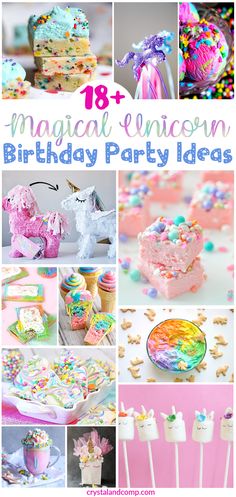 a collage of birthday party items including cake, cupcakes and marshmallows