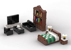 lego furniture is arranged in the shape of a living room and bedroom, including a bed