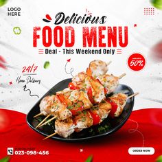 food menu flyer with chicken on skewers and vegetables in black plate over red background