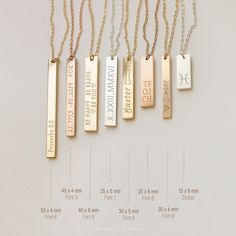 "These bar necklaces are beautiful to wear as blank or customize with Initials or names, special date (birthday, anniversary), special place, coordinates, and horoscopes. Stunning gift for yourself, your loved ones, bridesmaids, weddings. Check our symbols: www.etsy.com/listing/1244771317 ❤ Material & Length Available in 14k gold filled, 14K rose gold filled or sterling silver (length is to measure the entire necklace from end to end, including clasp, but not the charm) ❤ How to order Leave instructions in \"Add your personalization\" box on listing page: * What to engrave * Which font (options in one of the listing images) * if any symbols * Engrave direction, horizontally or vertically. Vertically means the letters going down the bar, like this: S M L (Vertically works on short text only Personalized Bar Necklace, Bar Necklaces, Bar Necklace Personalized, Simple Gifts, Necklace Long, Bar Necklace, 14kt Gold, Jewelry Care, Long Necklace