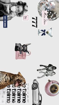 a collage of various objects including a cat, coffee cup, and mirror balls