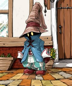 an image of a cartoon character in front of a door with a big hat on