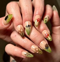 Oddity Nails, Toadstool Nails, Goblincore Nails, Woodland Nails, Mushroom Nail Designs, Bug Nail Art, Bug Nails, Nails Now