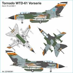 four fighter jets are shown in three different colors and sizes, each with an arrow on the side