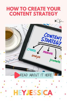 the content strategy is displayed on a tablet with coffee and other items around it, including pens