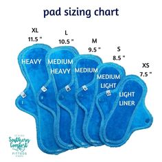 four blue pads are shown with measurements for each one and the other two in different sizes