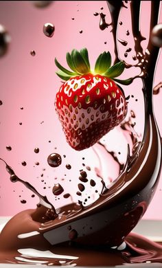 a strawberry falling into chocolate with splashing liquid