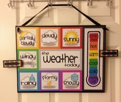 a sign hanging on the wall that says, weather and rainbows in different colors