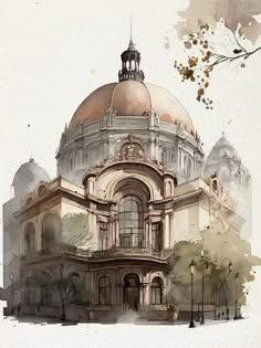 an artistic painting of a building with a dome on top