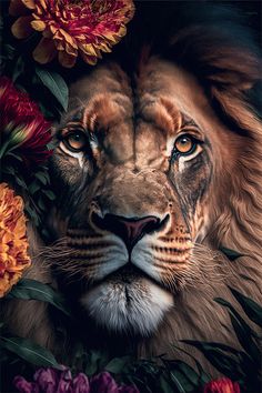 a close up of a lion surrounded by flowers